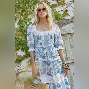 LIKE-NEW Hunter Bell Evelyn Dress in Floral Medallion Blue Lace Trim Silk Maxi